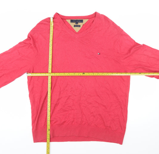 Tommy Hilfiger Men's Red Cotton Cashmere V-Neck Jumper XL