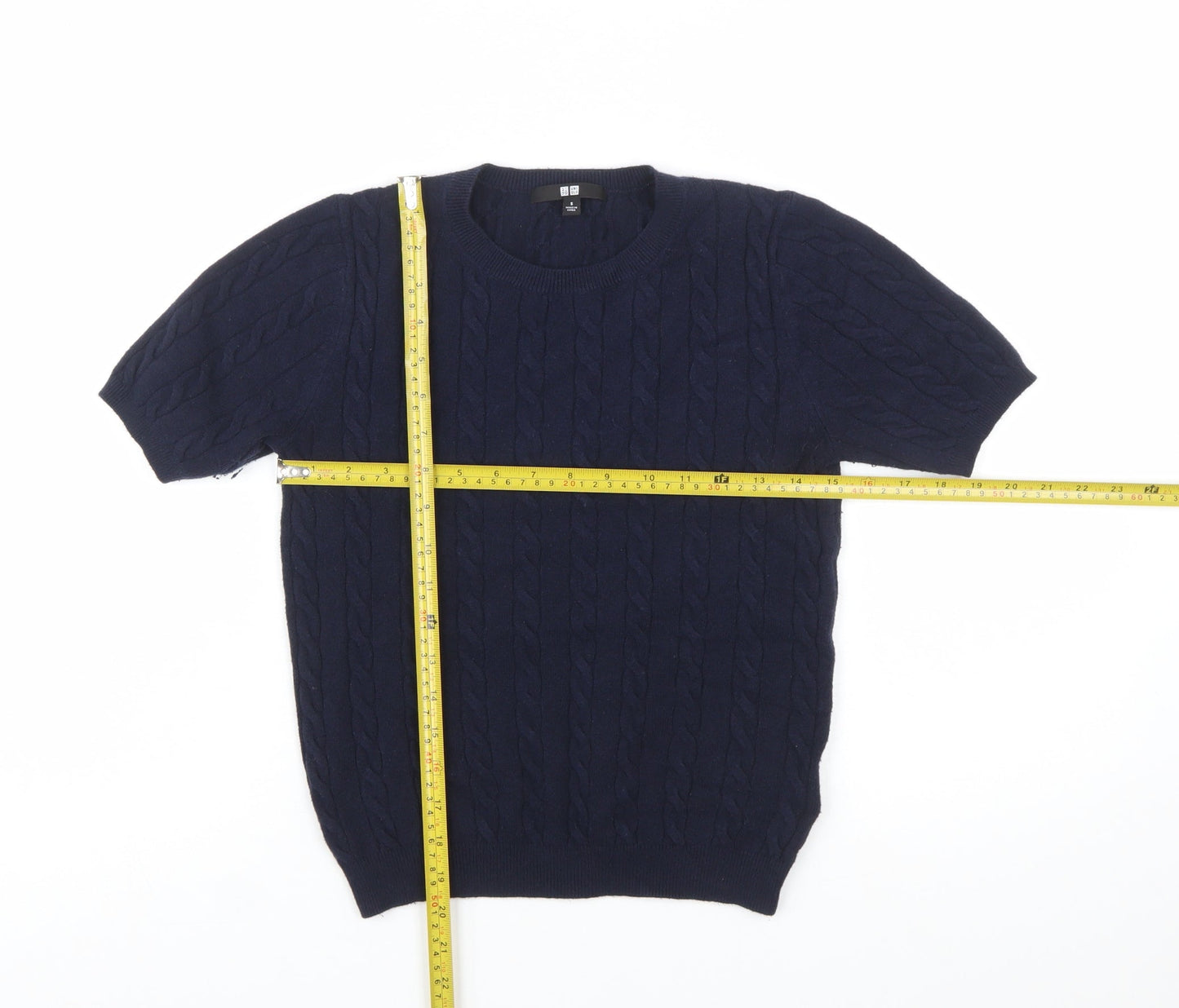 Uniqlo Women's Blue Cable-Knit Short Sleeve Cotton Blend Jumper Size S
