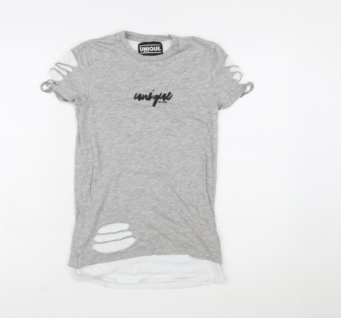 Unique Be You Womens Grey Distressed Short Sleeve T-Shirt 2XS