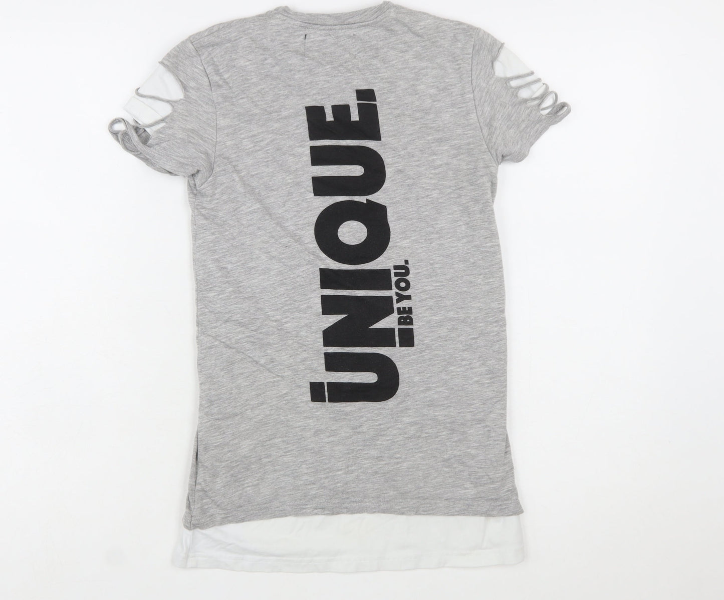 Unique Be You Womens Grey Distressed Short Sleeve T-Shirt 2XS