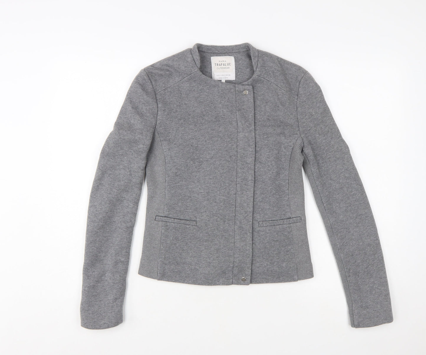 Zara Women Grey Slim Fit Collarless Lined Jacket Size S