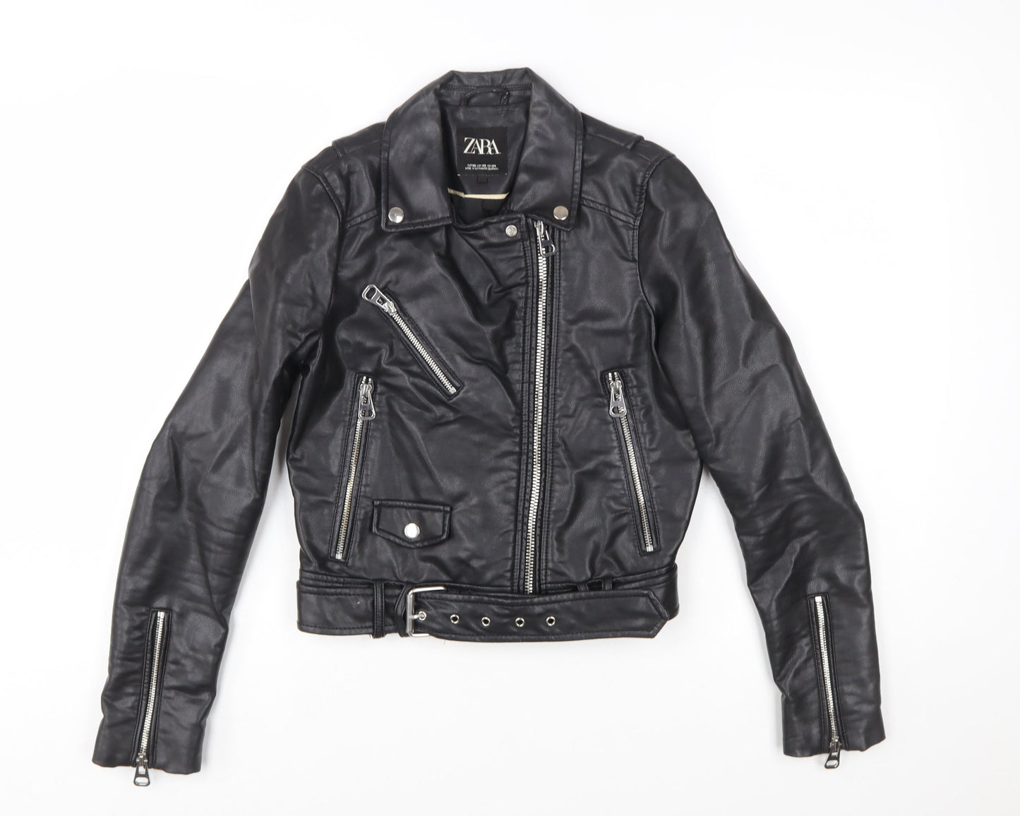 Zara Women Black XS Biker Faux Leather Belted Jacket