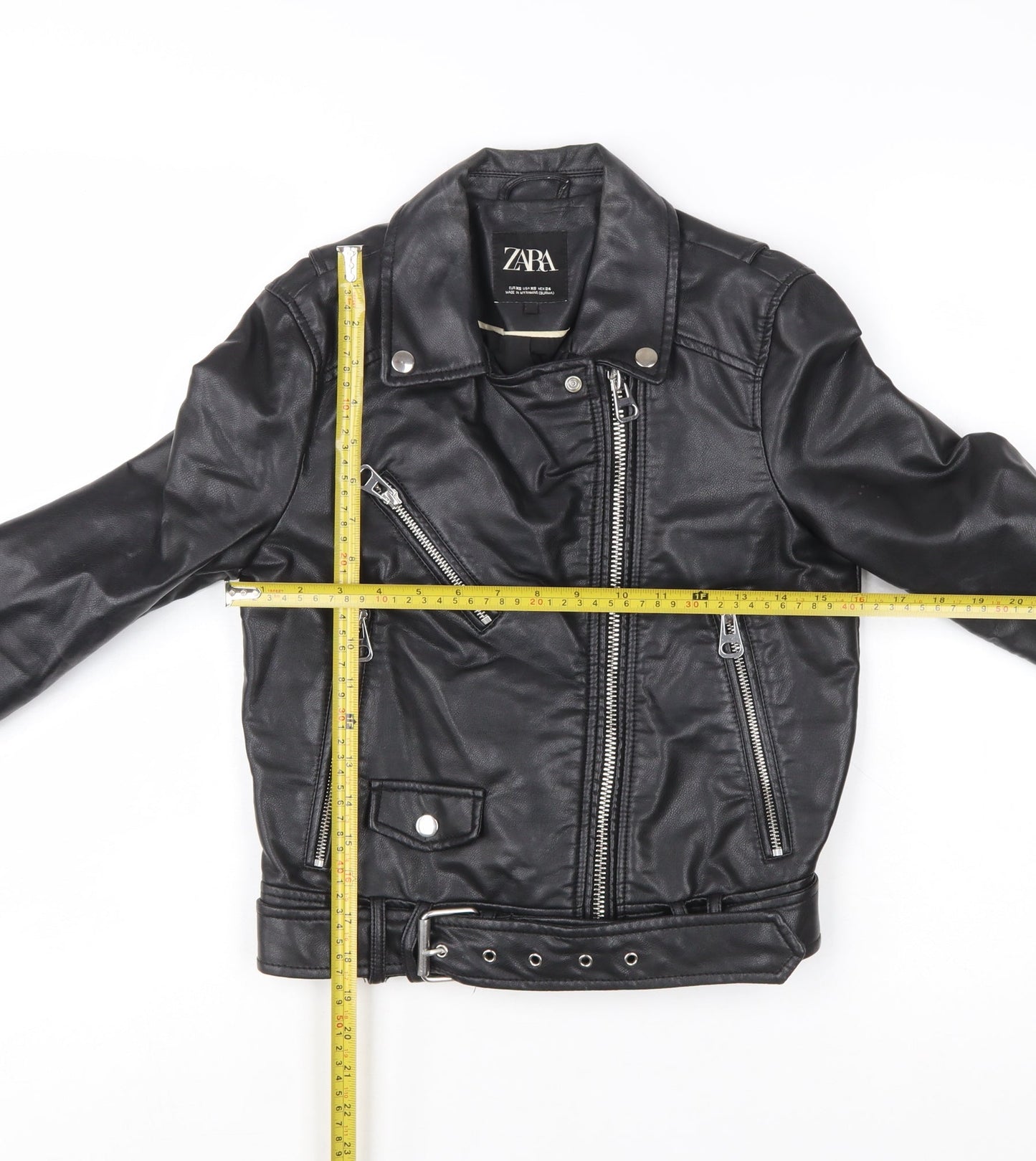 Zara Women Black XS Biker Faux Leather Belted Jacket