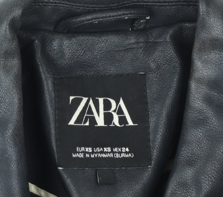Zara Women Black XS Biker Faux Leather Belted Jacket
