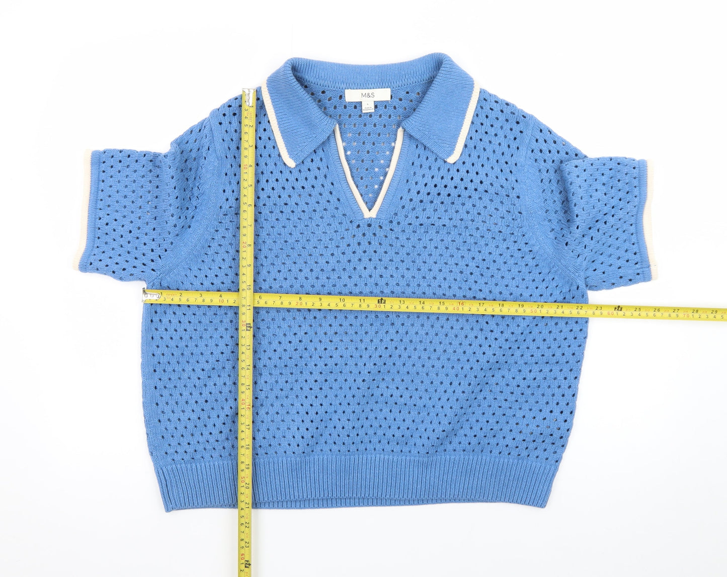 Marks and Spencer Women’s Blue Collared Short Sleeve Knit Jumper Size L
