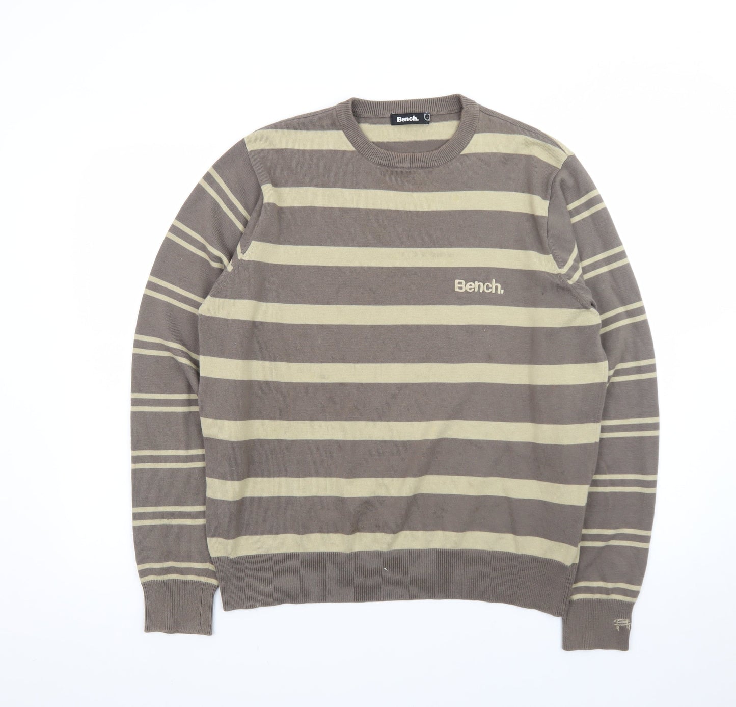 Bench Men Brown Striped Cotton Crew Neck Jumper Size L
