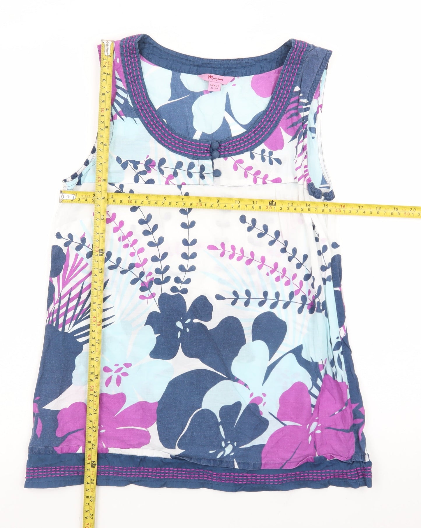 Monsoon Womens Multicoloured Floral Cotton Sleeveless Tunic Top Size 12