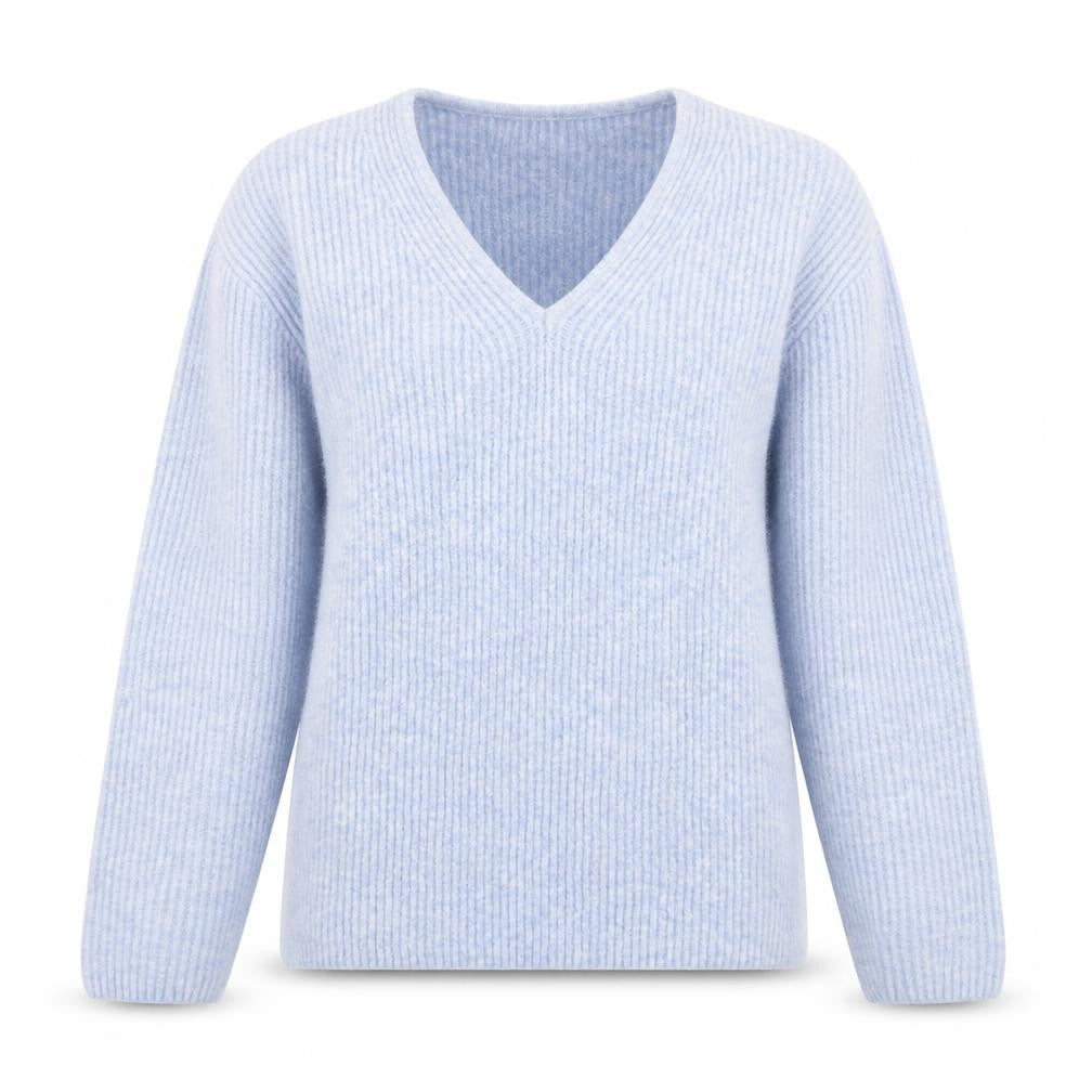 Marks & Spencer Women's Blue V-Neck Ribbed Knit Jumper Size S