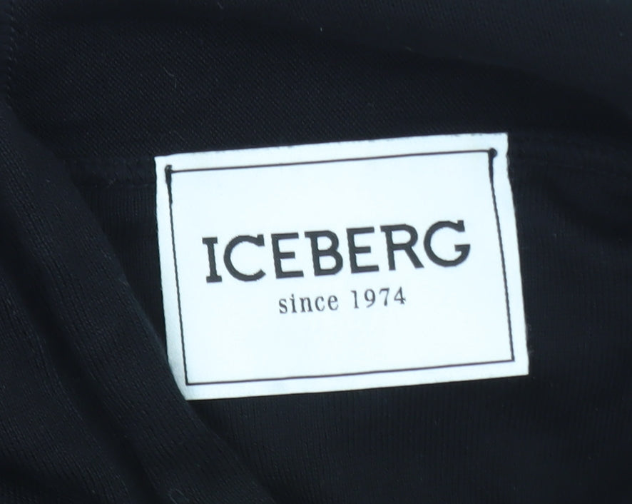 Iceberg Women’s Black Hoodie L Pullover Striped Graphic Logo Cotton Blend
