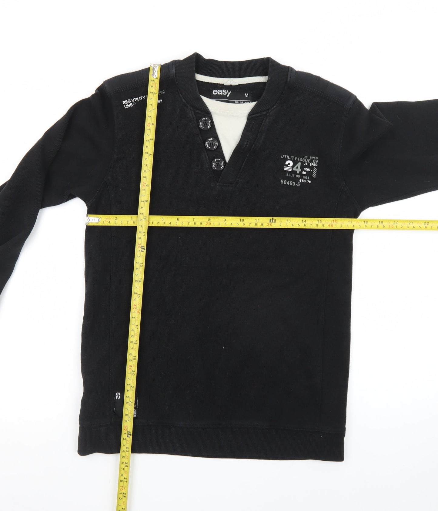 Easy Men's Black Henley Long Sleeve Cotton Blend T-Shirt Size M