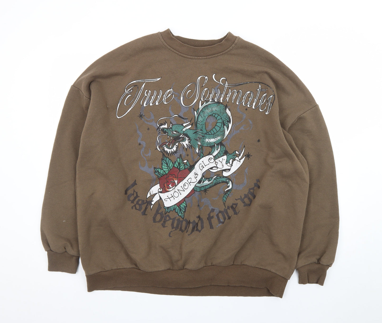 Bershka Men’s Brown Dragon Graphic Pullover Sweatshirt Size M
