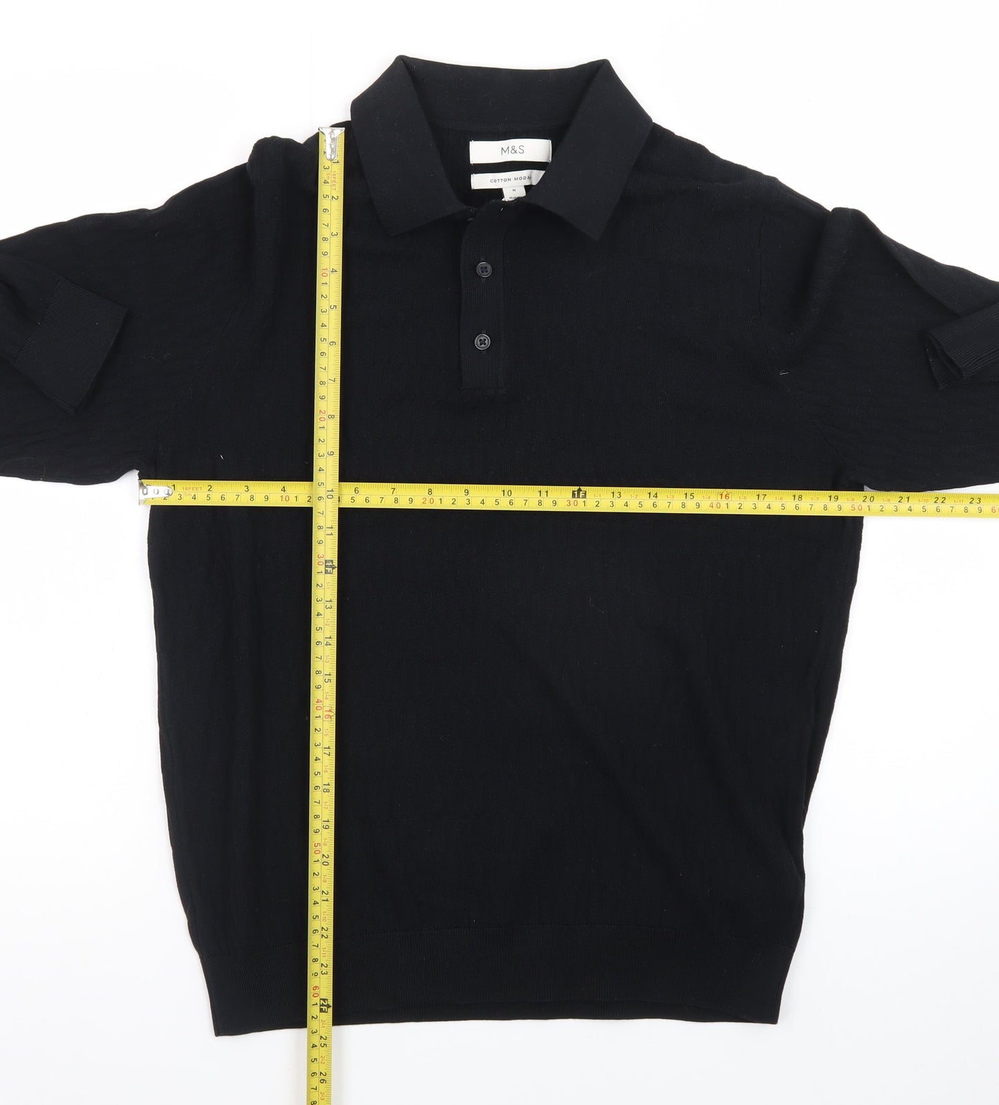 Marks and Spencer Men's Black Cotton Modal Long Sleeve Polo M