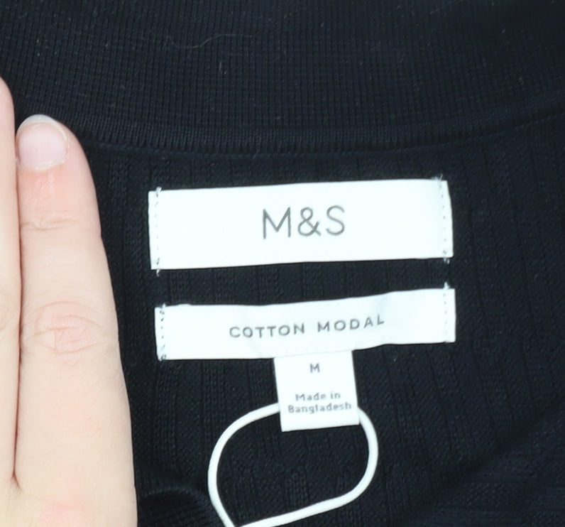 Marks and Spencer Men's Black Cotton Modal Long Sleeve Polo M
