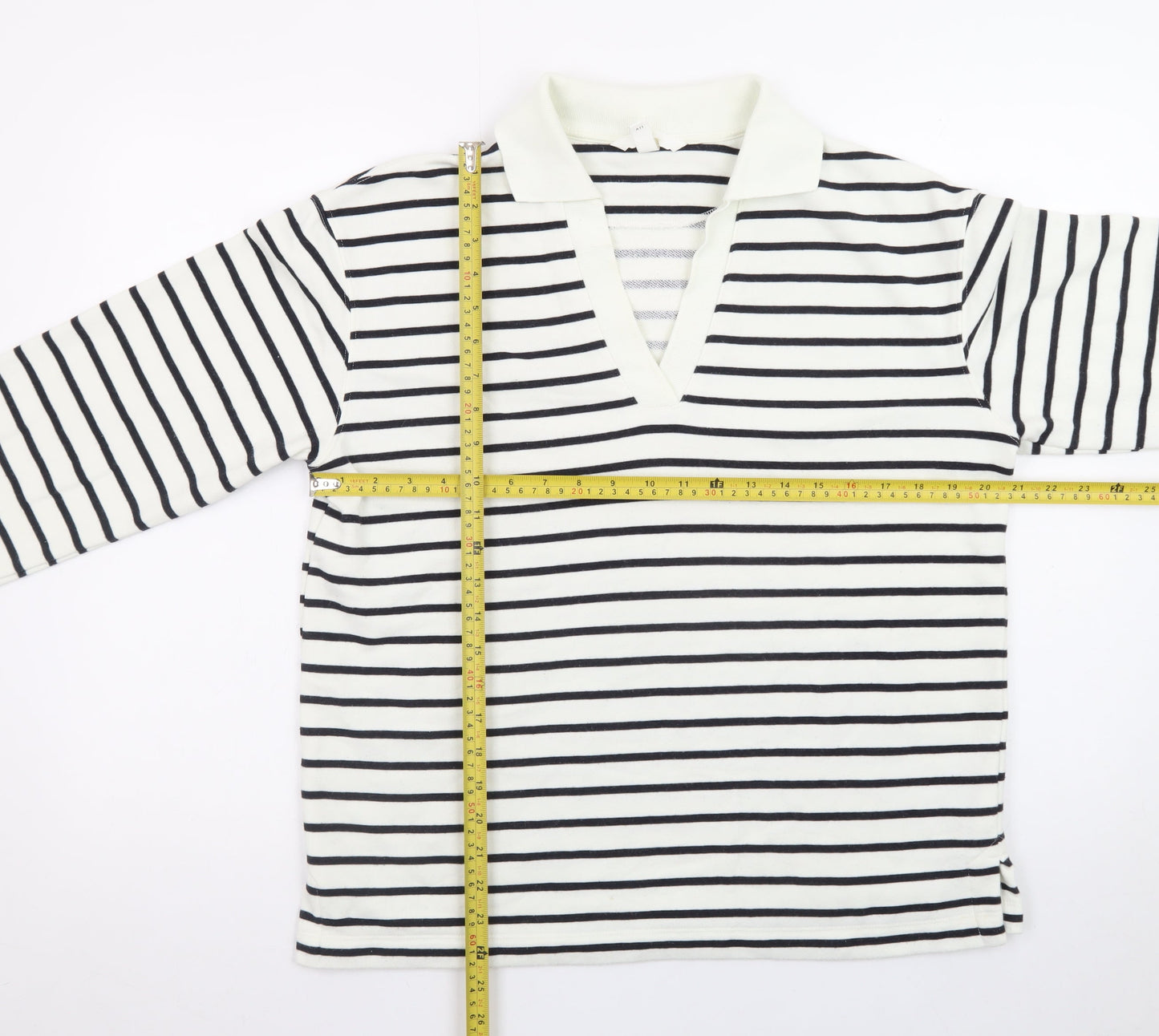 H&M Women's White Striped V-Neck Long Sleeve Cotton T-Shirt Size S