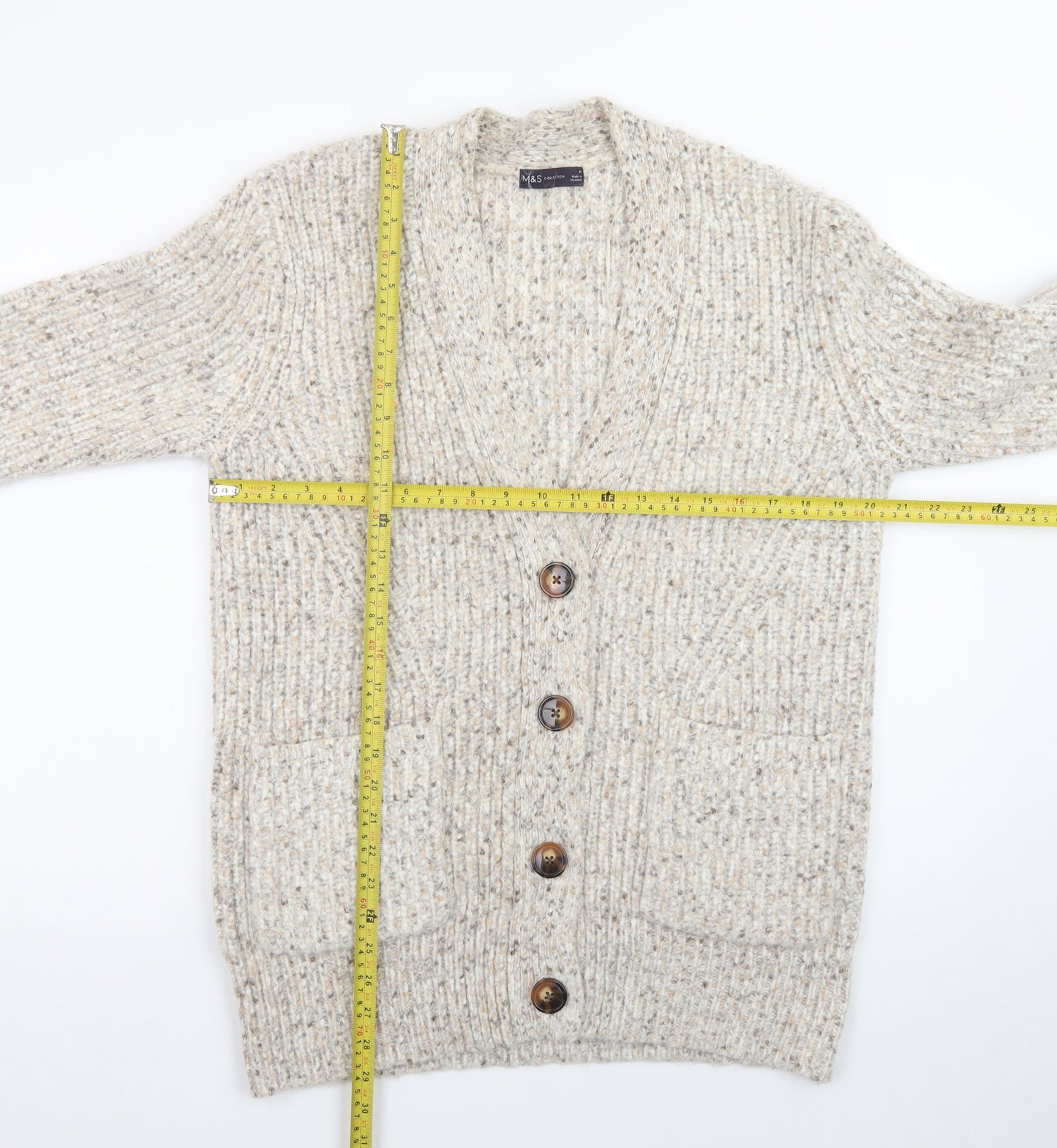 Marks and Spencer Women's Beige Chunky Knit V-Neck Cardigan M