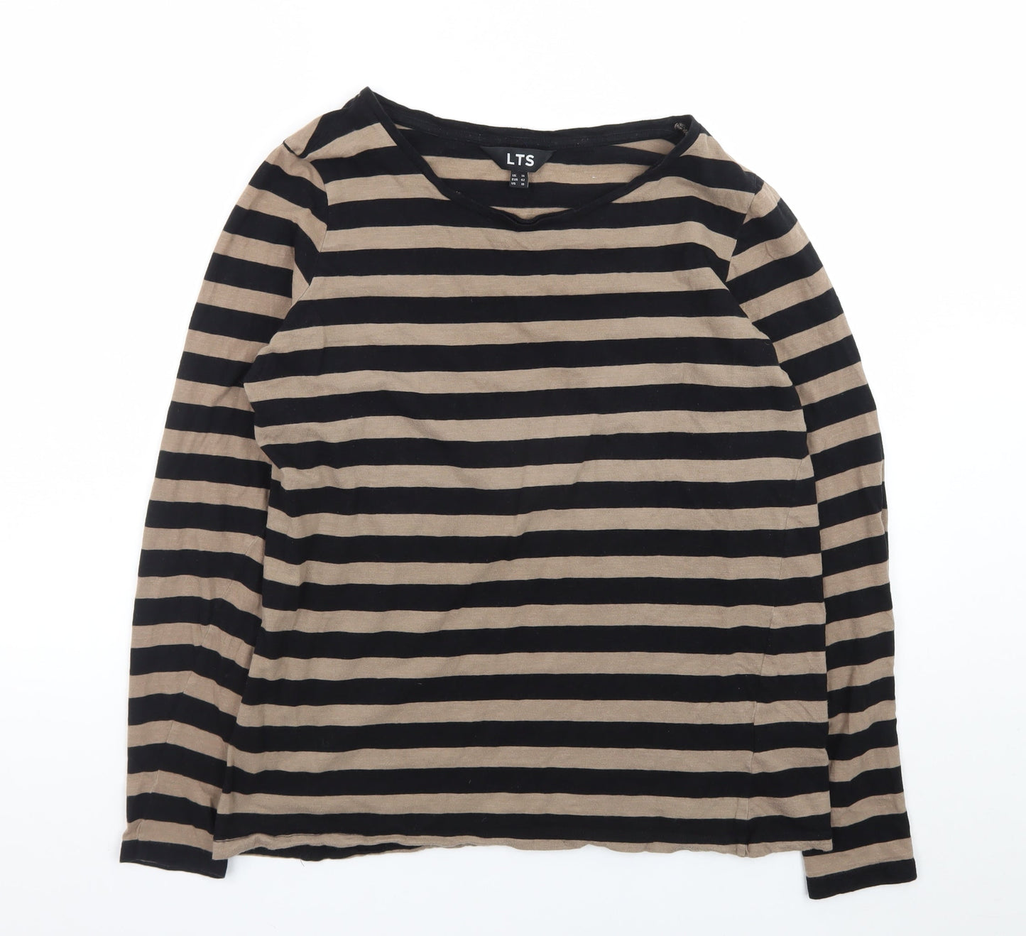 Long Tall Sally Women’s Beige Black Striped Cotton Long Sleeve T-Shirt Size 14 Tall