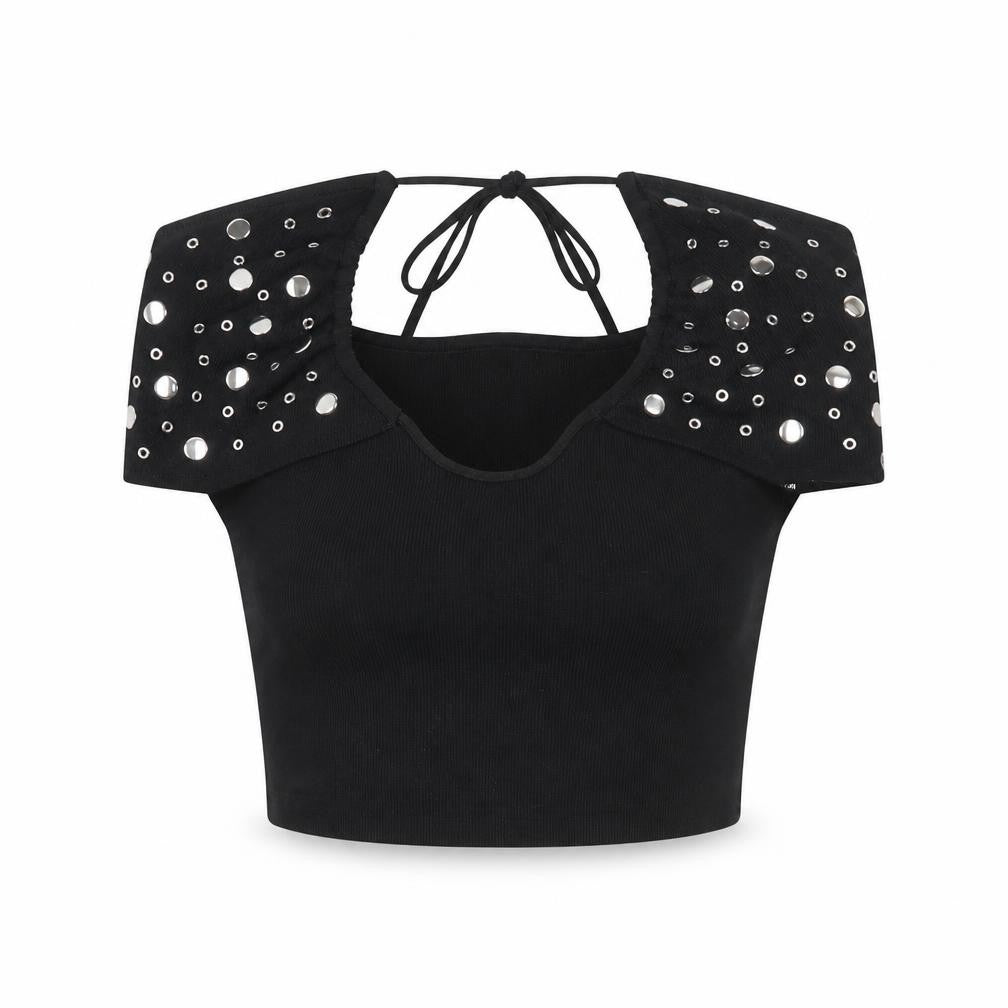 White Fox Women's Black Studded Halter Cropped Top Size S