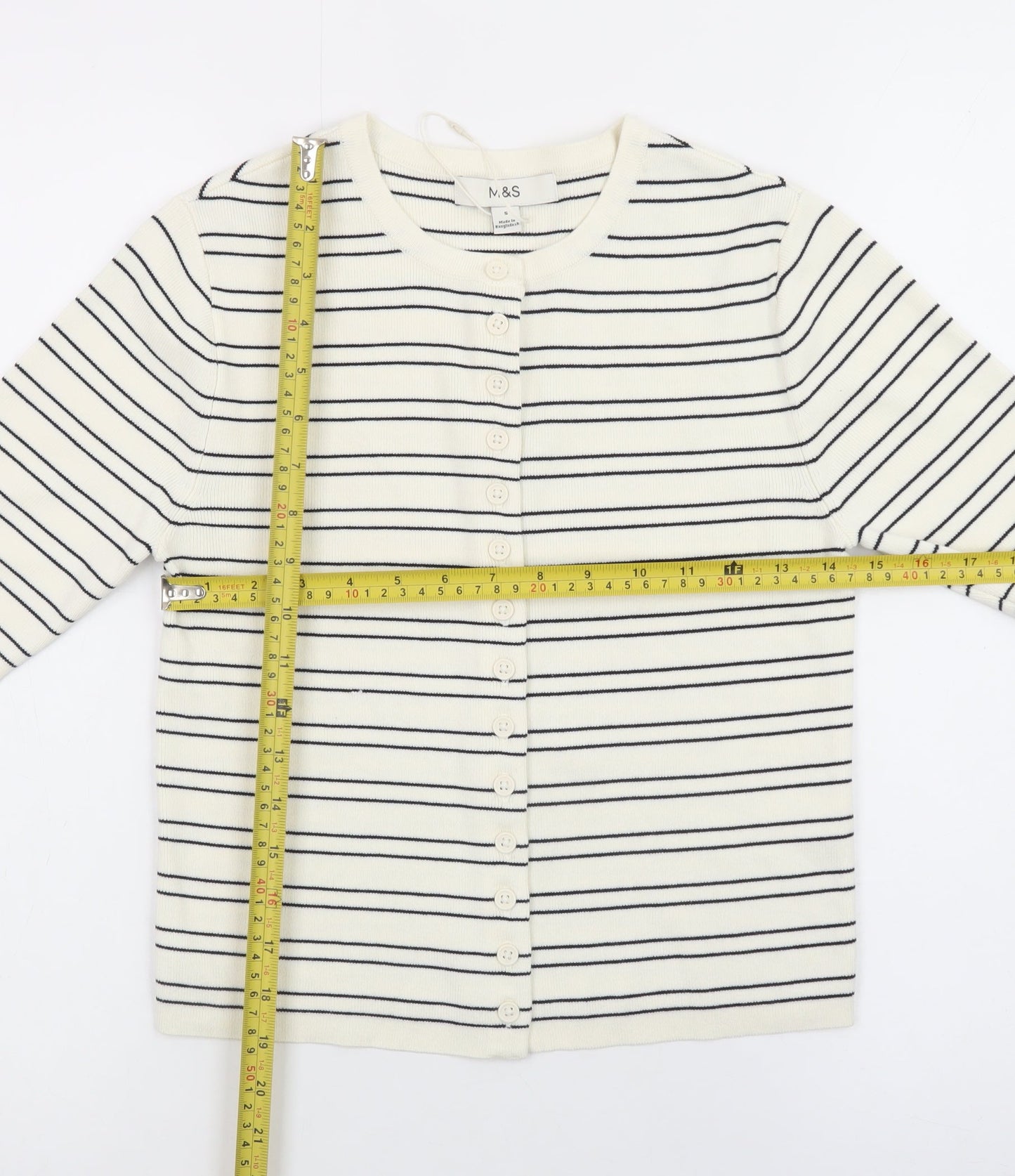 Marks and Spencer Women Ivory Striped 3/4 Sleeve Button-Up Knit Top Size S