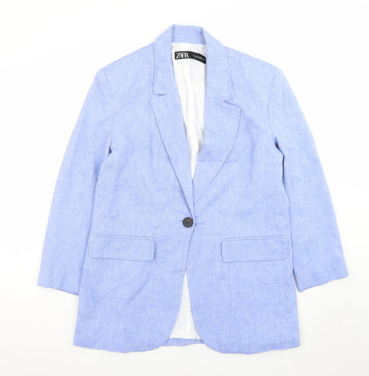 Zara Women Blue Linen Blend Single-Breasted Blazer Size 8
