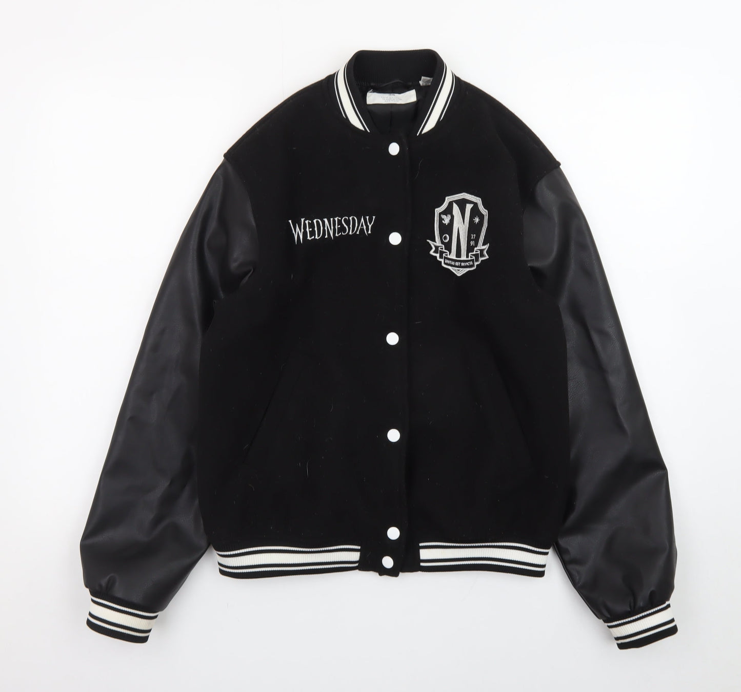 H&M Girls Black Wednesday Addams Varsity Jacket 12-13 Years Lined Casual