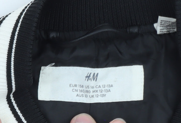 H&M Girls Black Wednesday Addams Varsity Jacket 12-13 Years Lined Casual