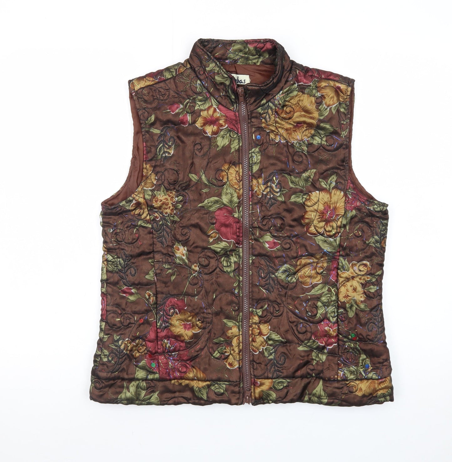 Lebas Women's Brown Floral Quilted Waistcoat M Regular Fit