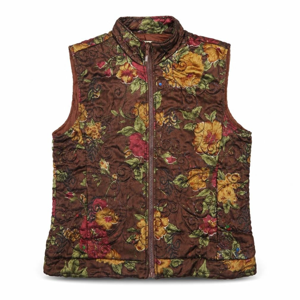 Lebas Women's Brown Floral Quilted Waistcoat M Regular Fit