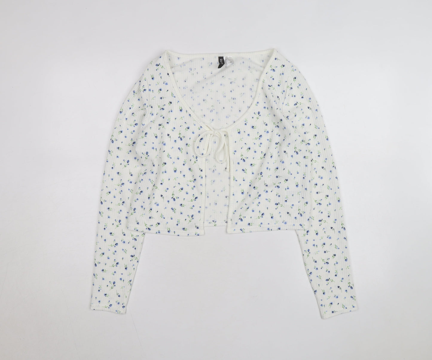 H&M Divided Women's White Floral Cropped Tie Front Long Sleeve Top Size 14