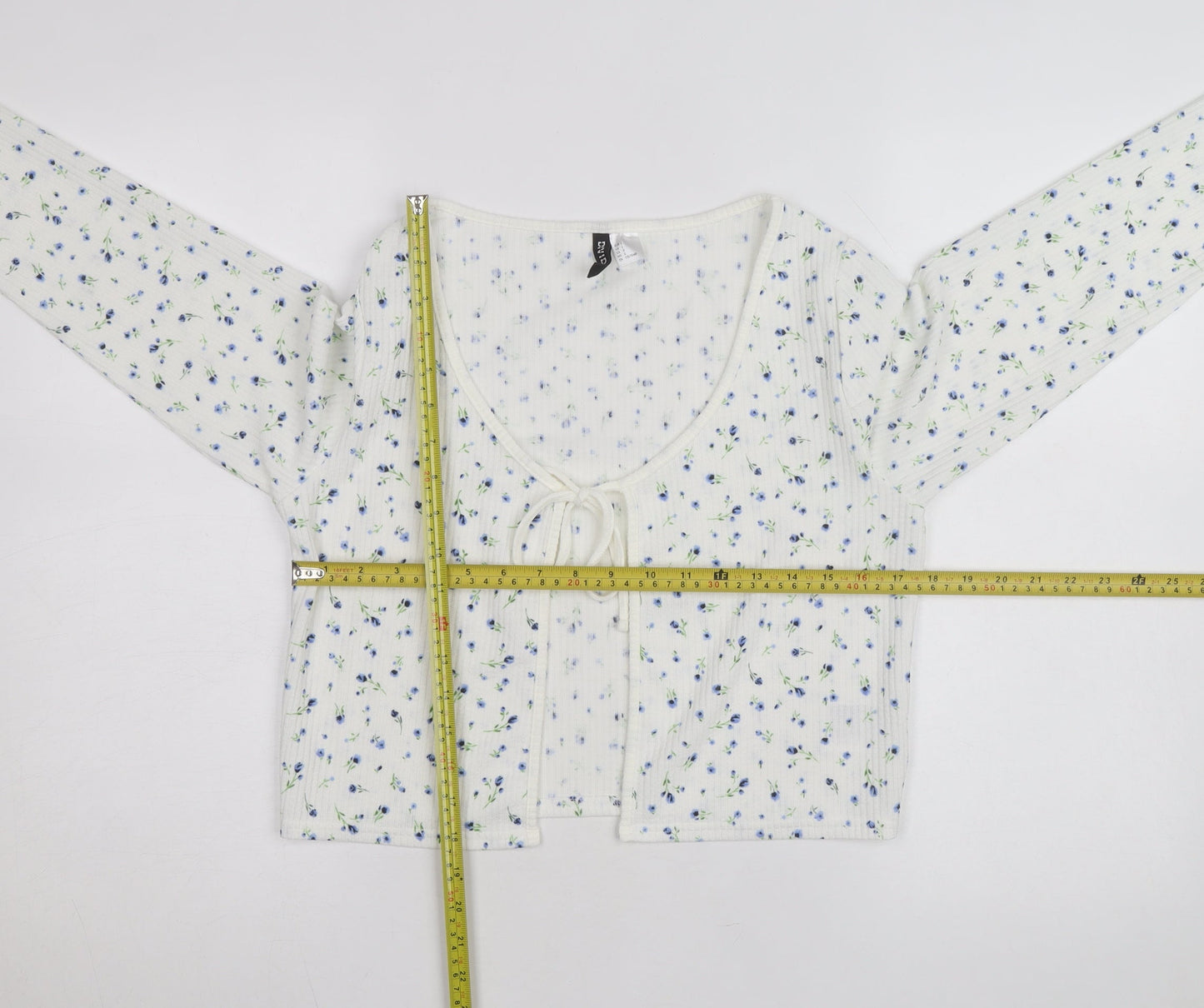 H&M Divided Women's White Floral Cropped Tie Front Long Sleeve Top Size 14