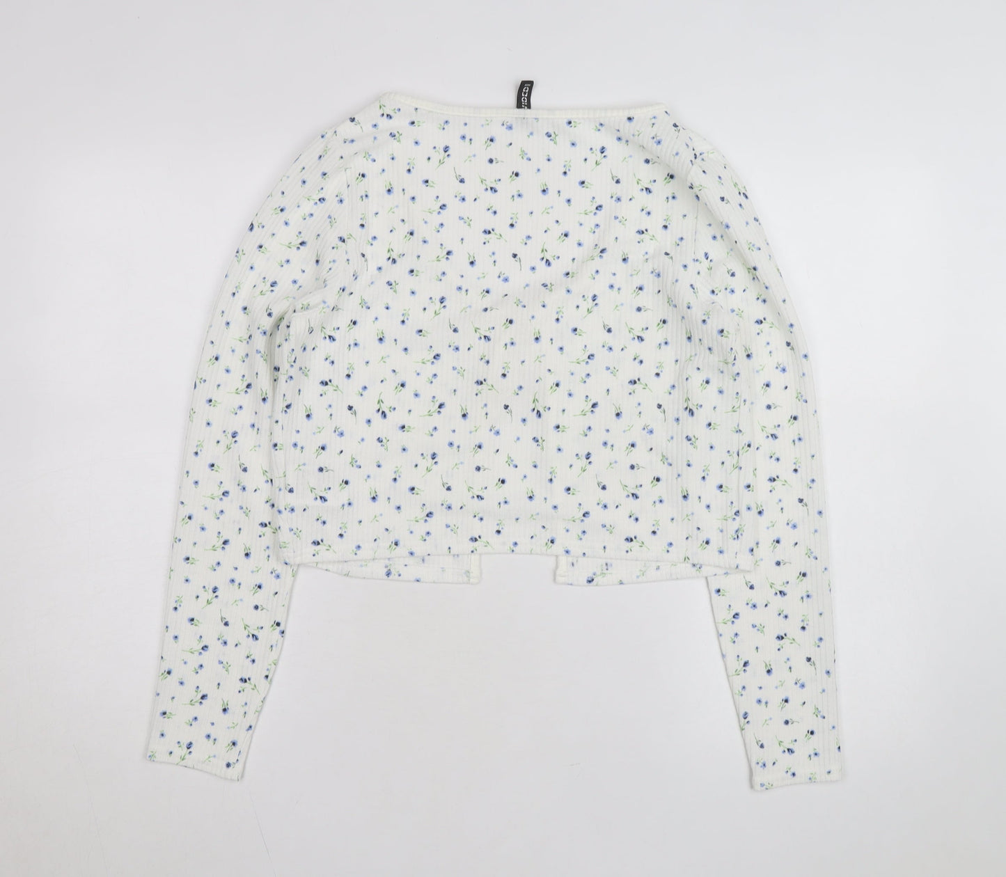 H&M Divided Women's White Floral Cropped Tie Front Long Sleeve Top Size 14