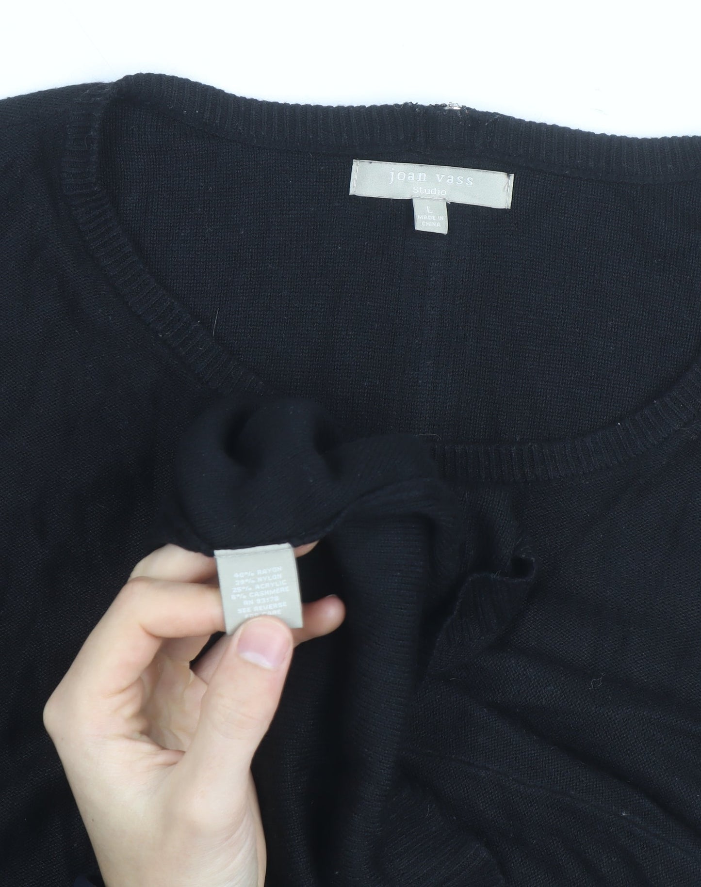 Joan Vass Women Black Long Sleeve Crew Neck Pullover Jumper Size L