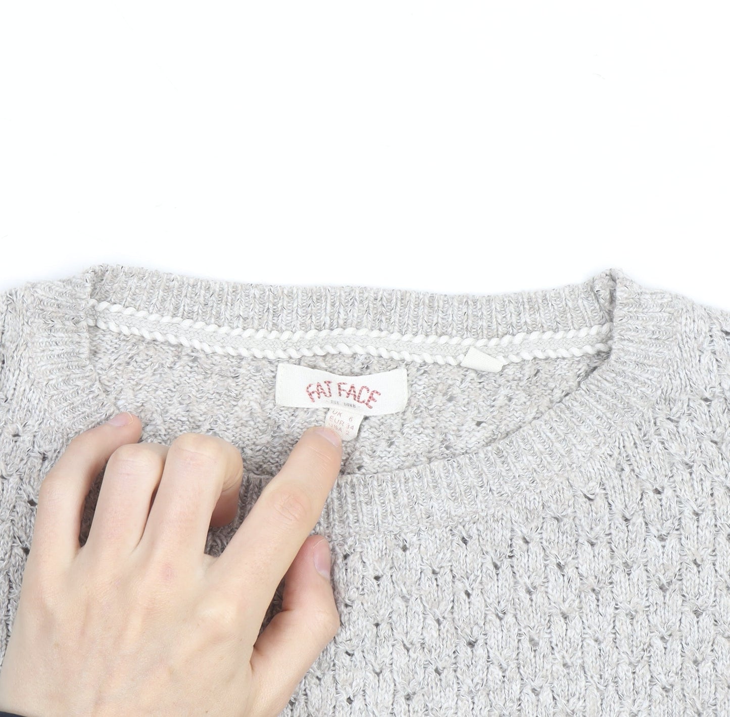 Fat Face Women’s Grey Open-Knit Cotton Blend Jumper Size 8