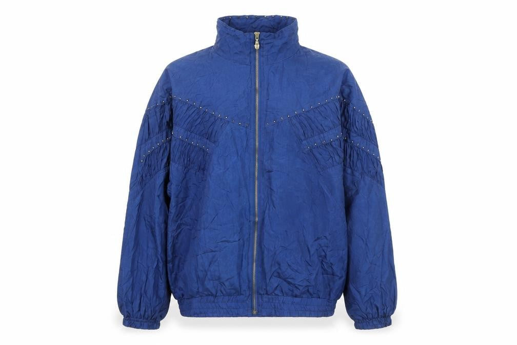 EVR Men's Blue Silk Studded Bomber Jacket L Vintage 80s Style