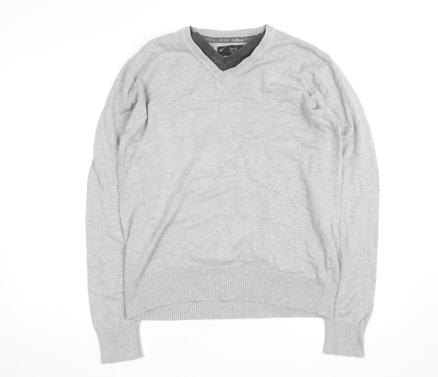 Sublevel Men's Grey V-Neck Cotton Knit Pullover Jumper Size L