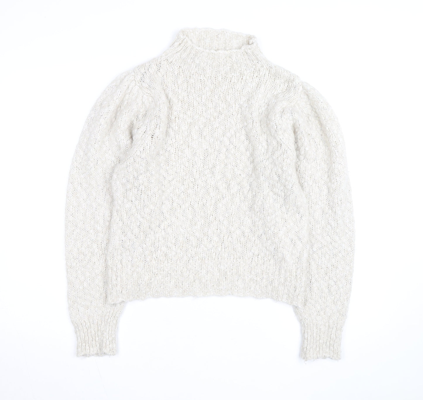 MNG Women Ivory Wool Blend Mock Neck Puff Sleeve Jumper Size 12