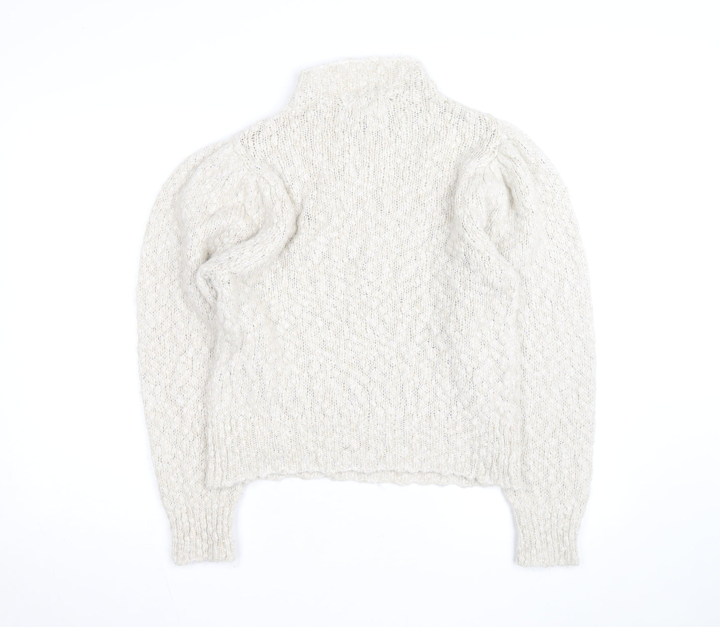 MNG Women Ivory Wool Blend Mock Neck Puff Sleeve Jumper Size 12