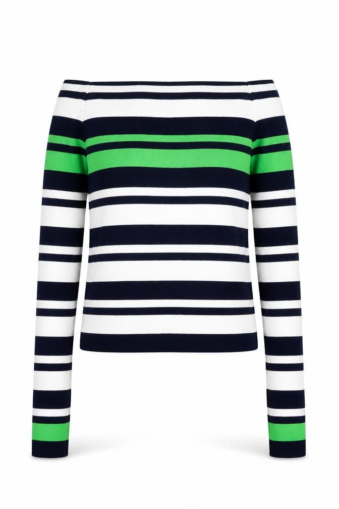 Topshop Women Blue Green Striped Boat Neck Jumper Size 10