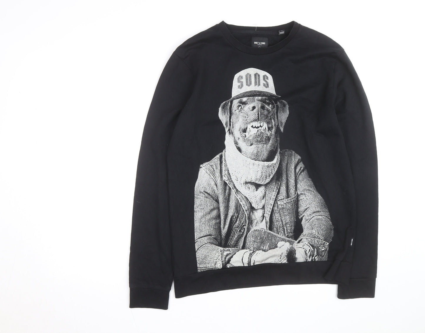 Only & Sons Men’s Black Graphic Dog Print Pullover Sweatshirt Size L