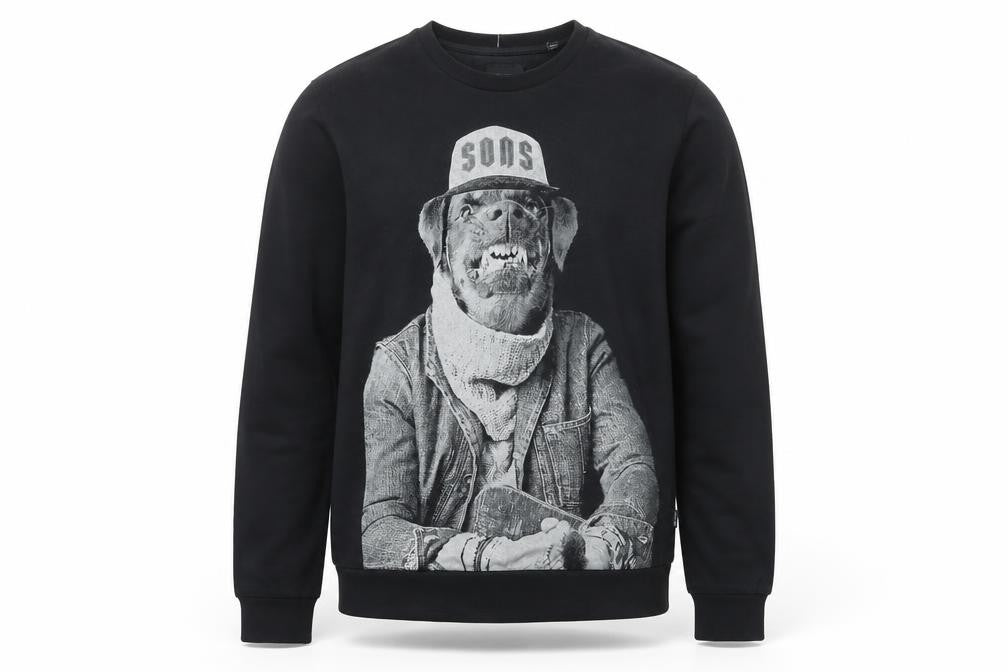 Only & Sons Men’s Black Graphic Dog Print Pullover Sweatshirt Size L