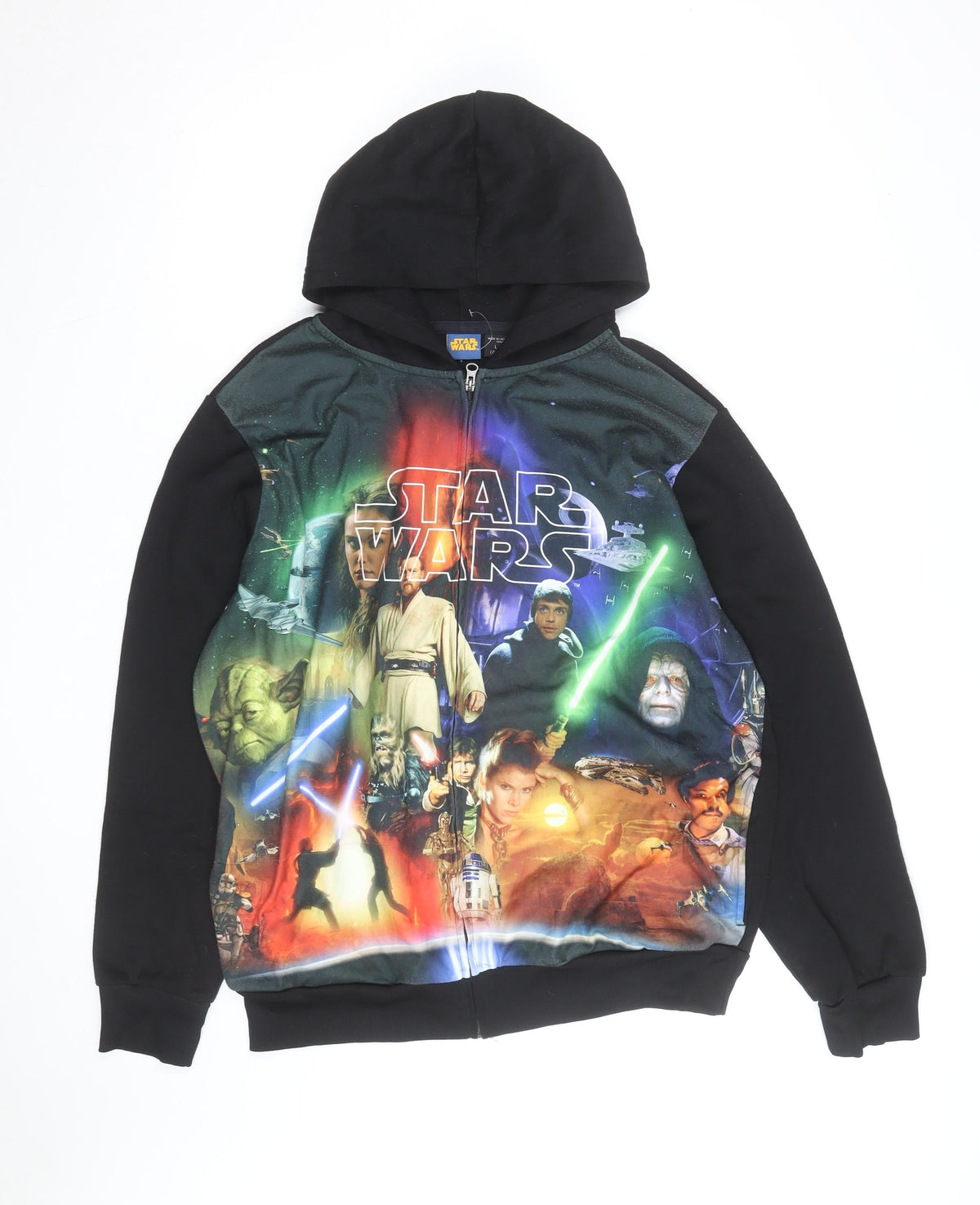 Front view of Star Wars Teen Black Full Zip Hoodie L Movie Graphic Sweatshirt