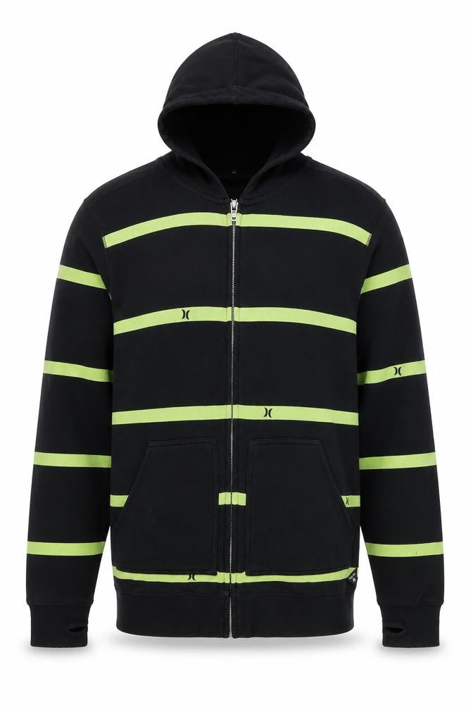 Hurley Men’s Black Green Stripe Full Zip Hoodie Size M