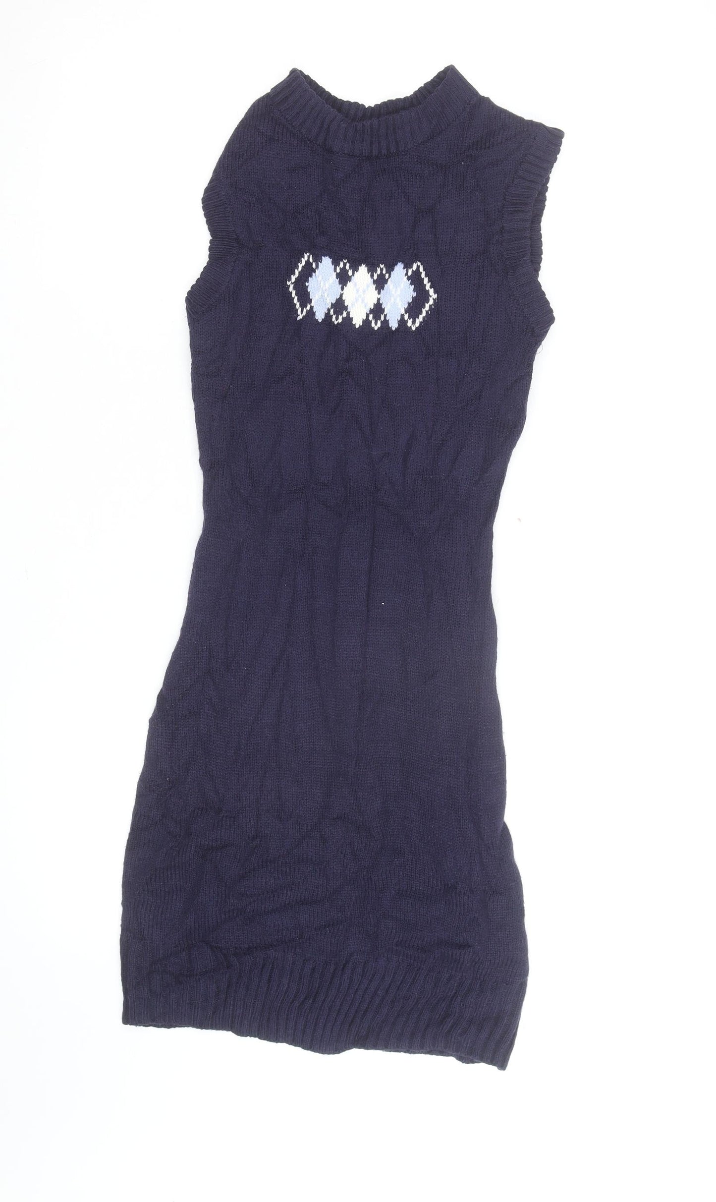 H&M Women Blue Argyle Knit Sleeveless Bodycon Mini Dress S