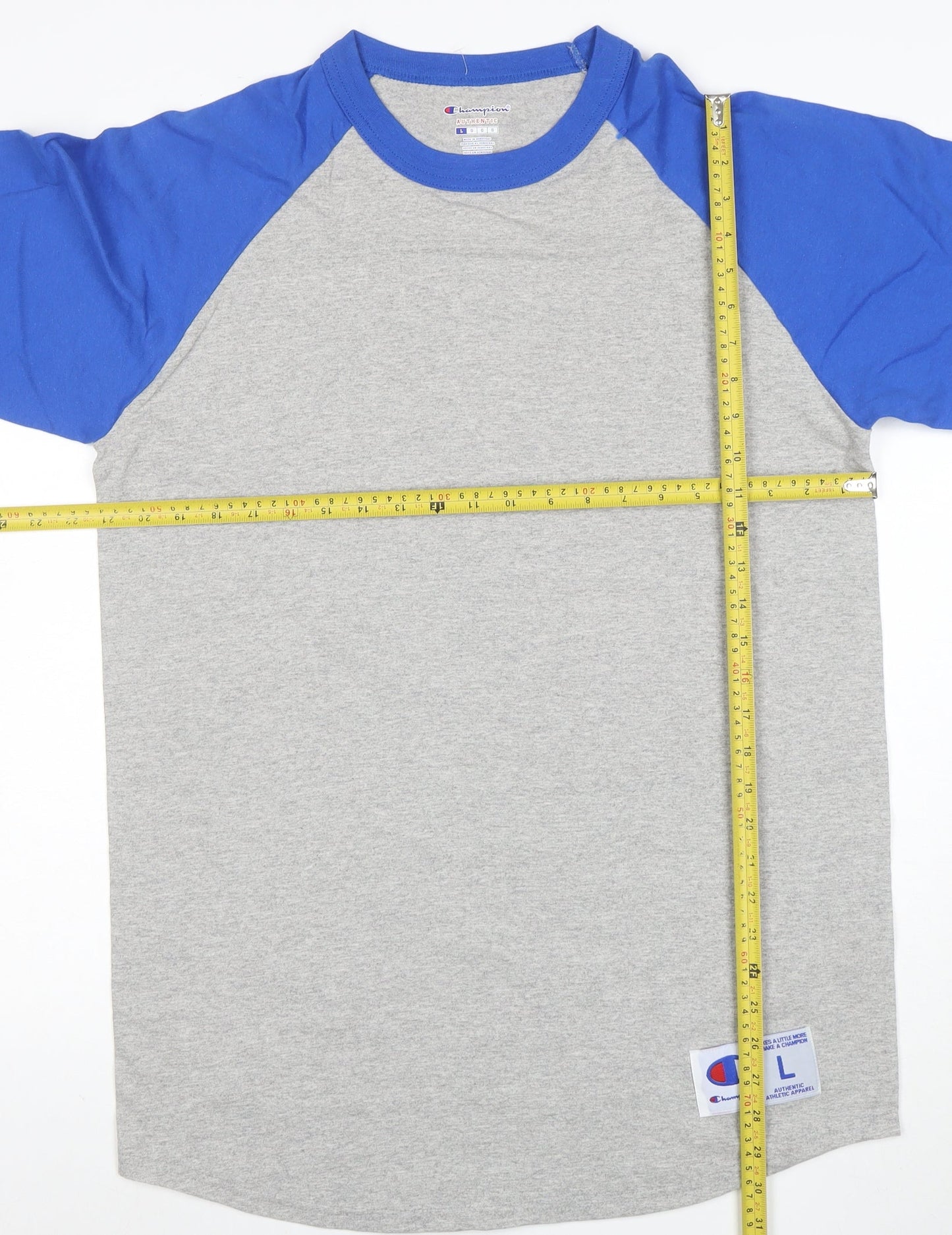 Champion Unisex Blue Grey Raglan 3/4 Sleeve Ringer T-Shirt L
