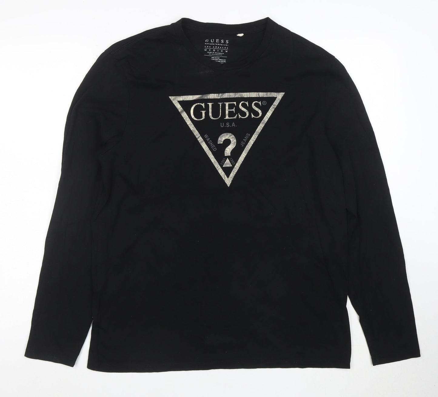 Guess Men's Black Long Sleeve Logo Cotton T-Shirt Medium
