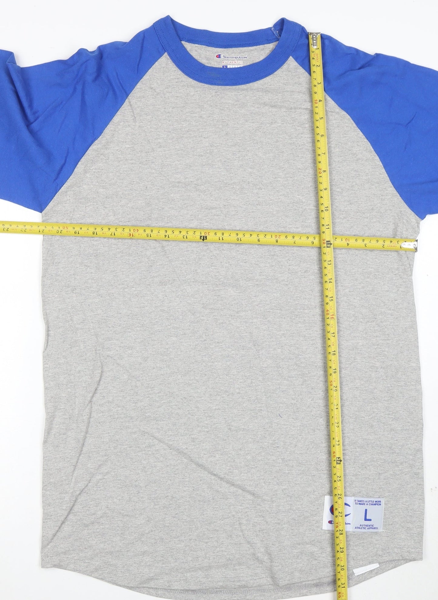 Champion Women Grey Blue Raglan 3/4 Sleeve Basic T-Shirt L