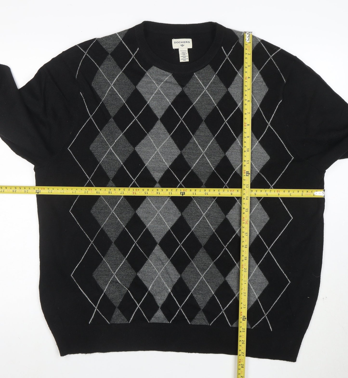Dockers Men's Black Argyle Crew Neck Acrylic Jumper XL