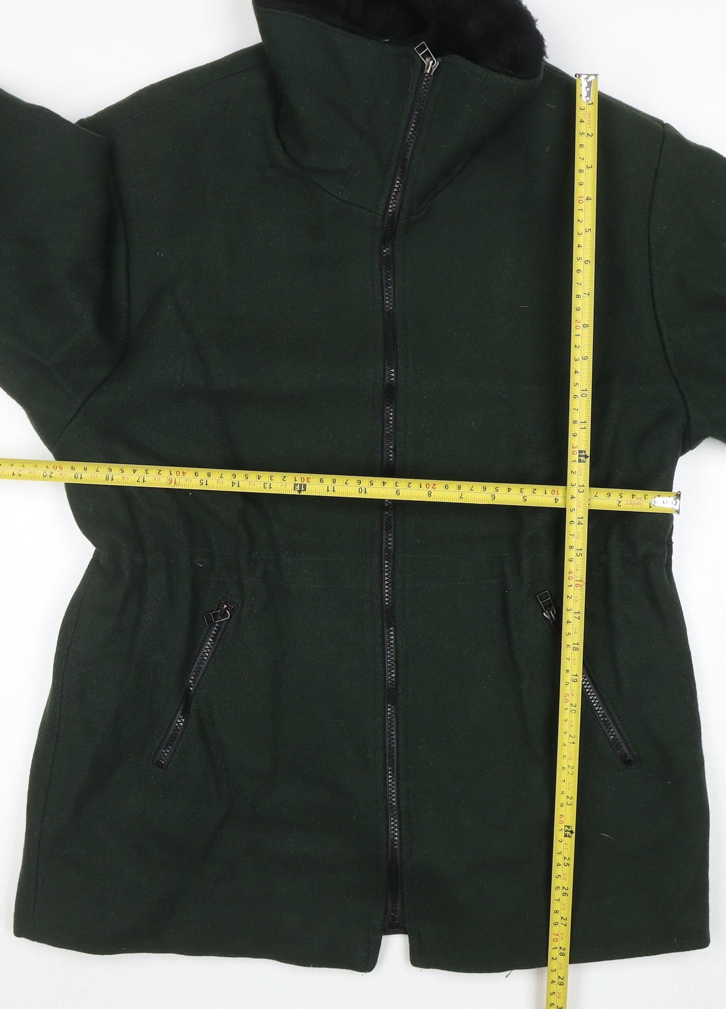 Lodenfrey Women Dark Green Wool Zip Coat with Fur Collar Size M