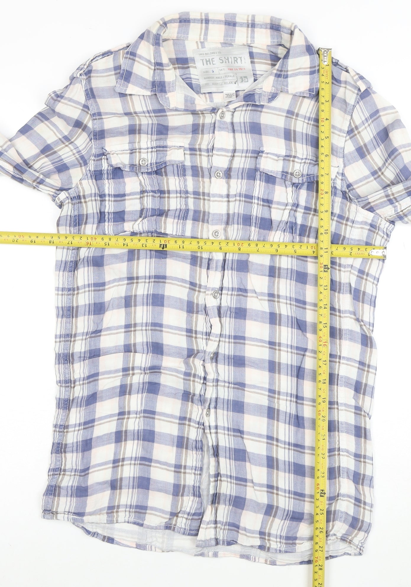 36 Degrees Men's Blue Check Cotton Relaxed Fit Long Sleeve Shirt S