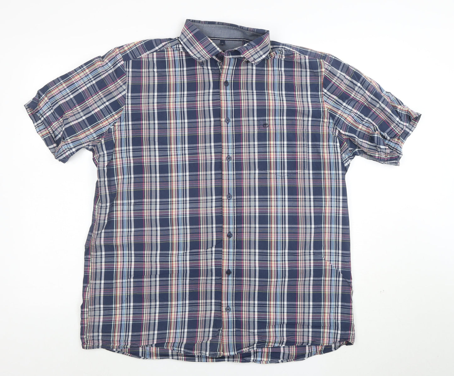 Casa Moda Men's Blue Check Short Sleeve Cotton Button-Up Shirt L