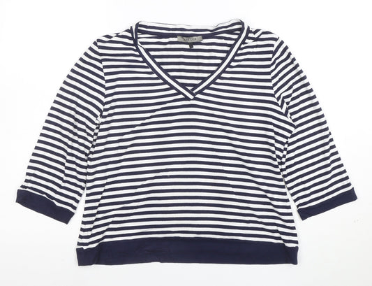 Jaeger Women's Blue White Striped V-Neck Jersey Top Size L